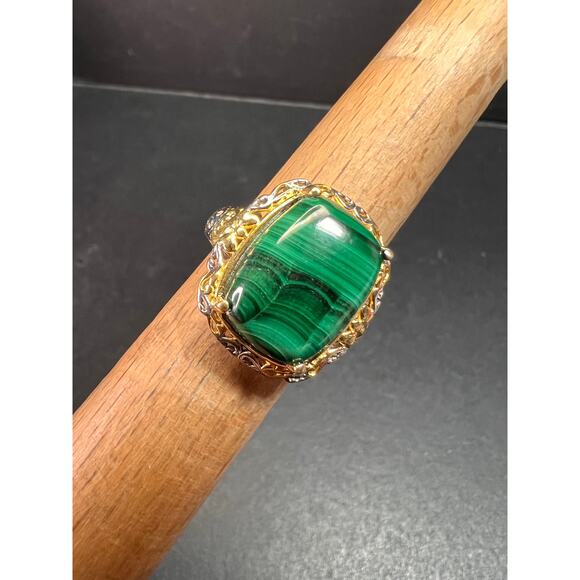 Karis Platinum & 18K Gold Plated Malachite Statement Ring Size 7 - Picture 8 of 16